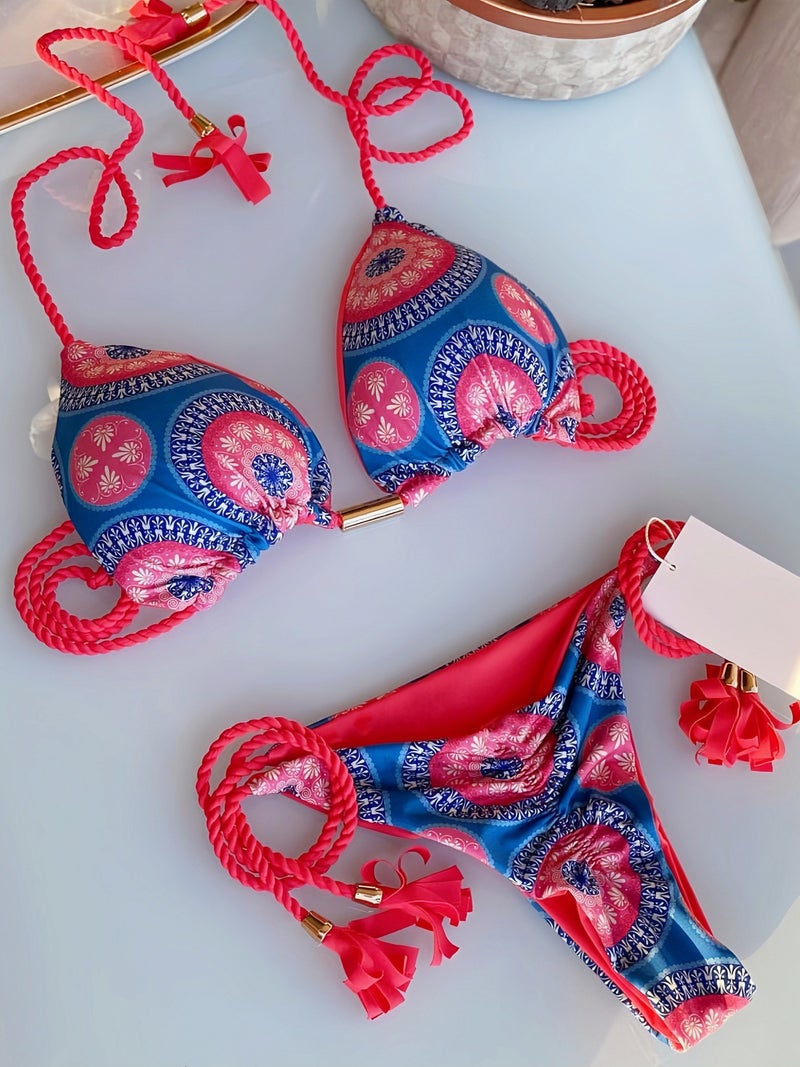 Printed Fabric Rope Bikini Triangle Swimsuit Swimwear - Image 1